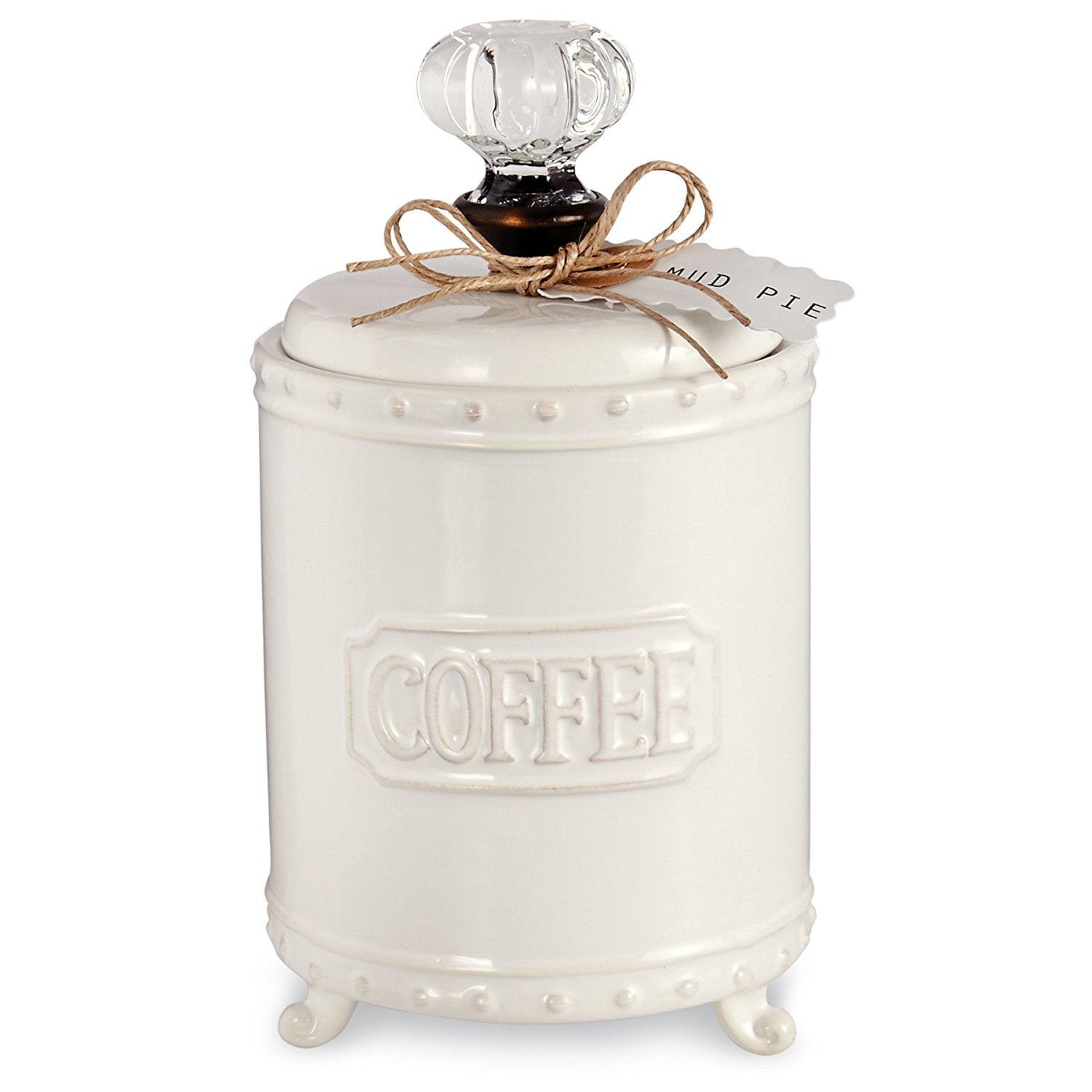 Mud Pie coffee canister featuring a vintage glass door knob lid for easy access.