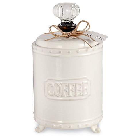 Mud Pie coffee canister featuring a vintage glass door knob lid for easy access.
