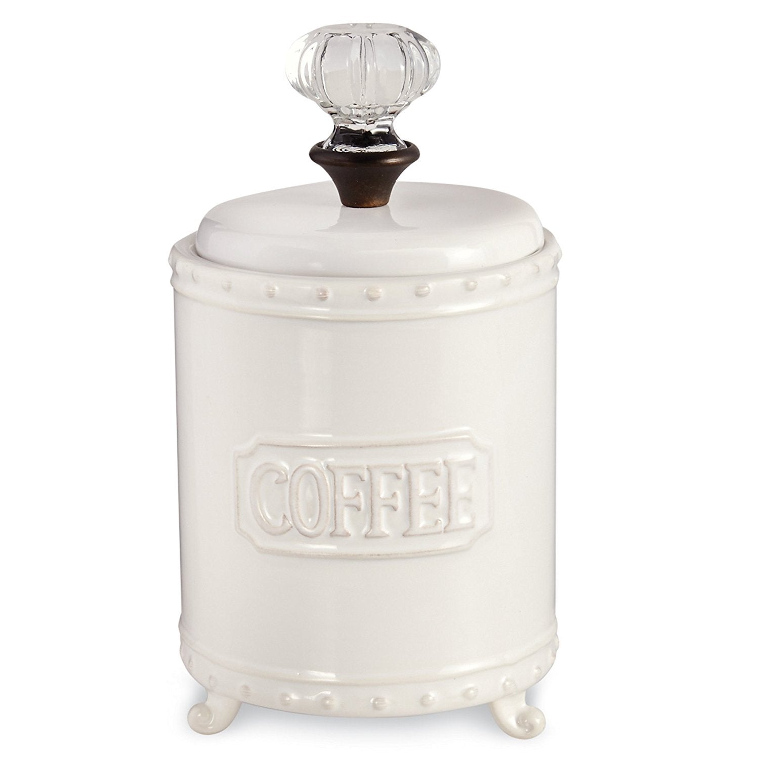 Mud Pie coffee canister with a footed ceramic base ideal for stylish counter storage.