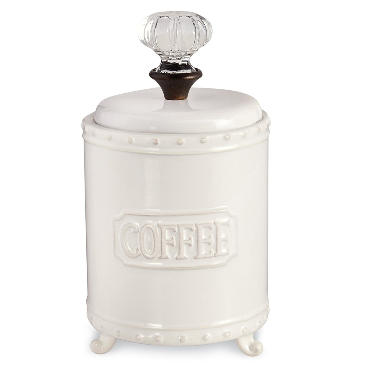 Mud Pie coffee canister with a footed ceramic base ideal for stylish counter storage.