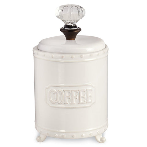 Mud Pie coffee canister with a footed ceramic base ideal for stylish counter storage.
