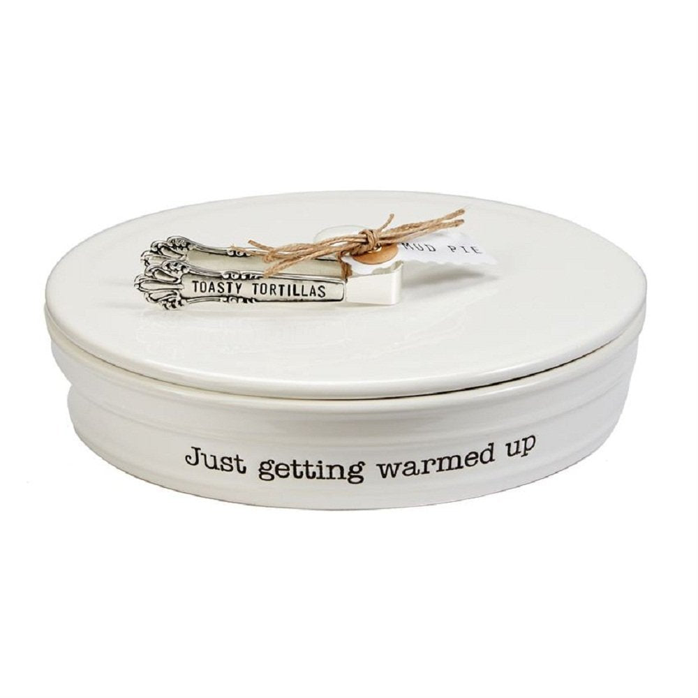 Mud Pie warming dish with debossed sentiment complements table decor.