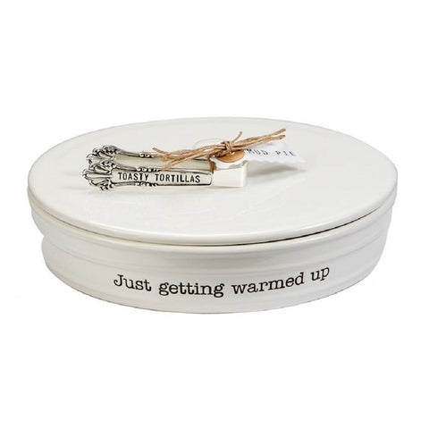 Mud Pie warming dish with debossed sentiment complements table decor.
