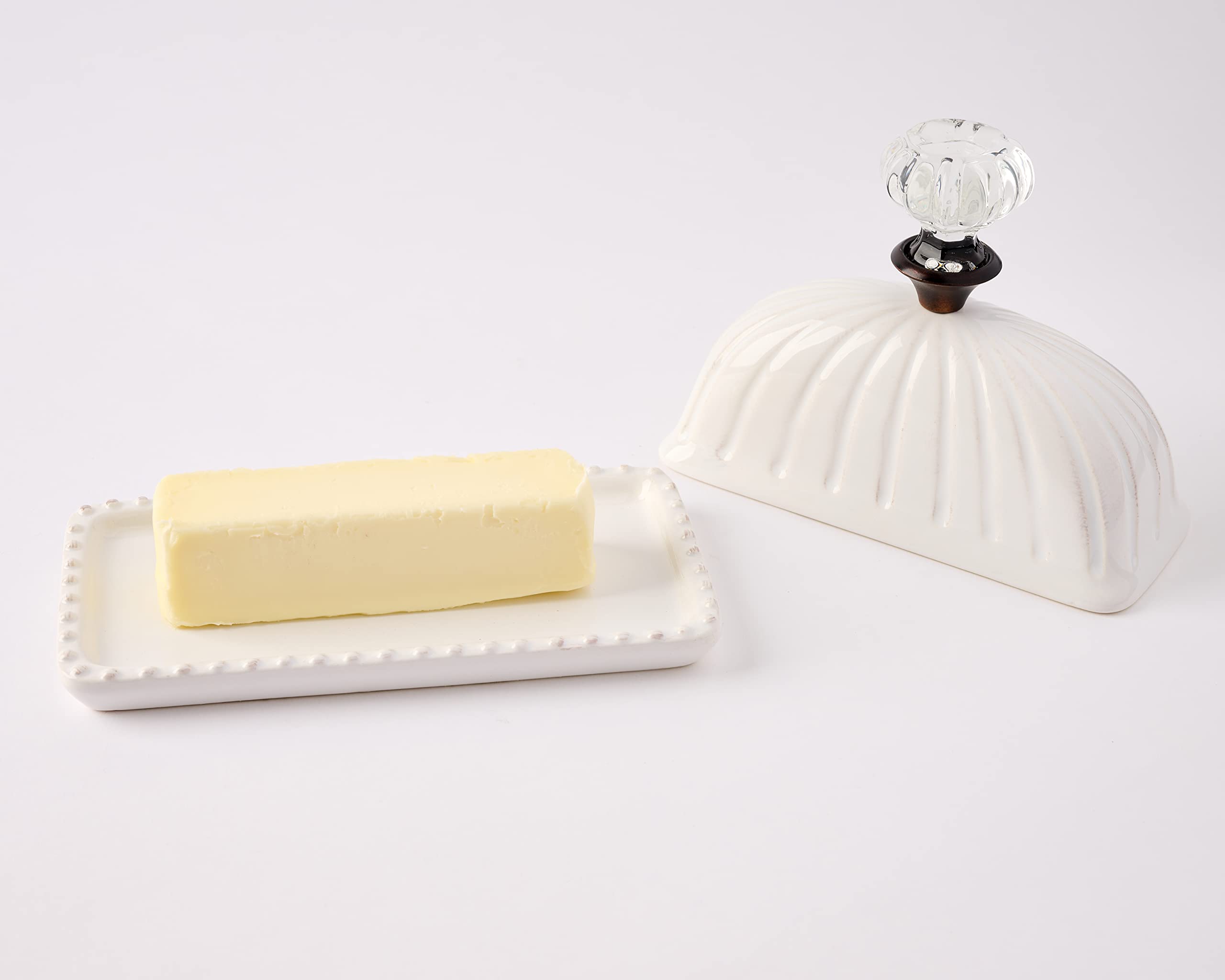 Mud Pie Door Knob Butter Dish two-piece set simplifies butter storage on the counter.