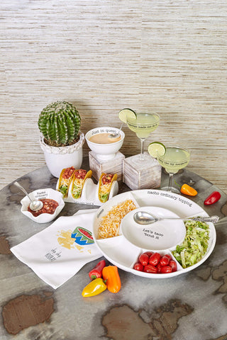 Mud Pie taco bar tablescape-ready setup for entertaining guests.