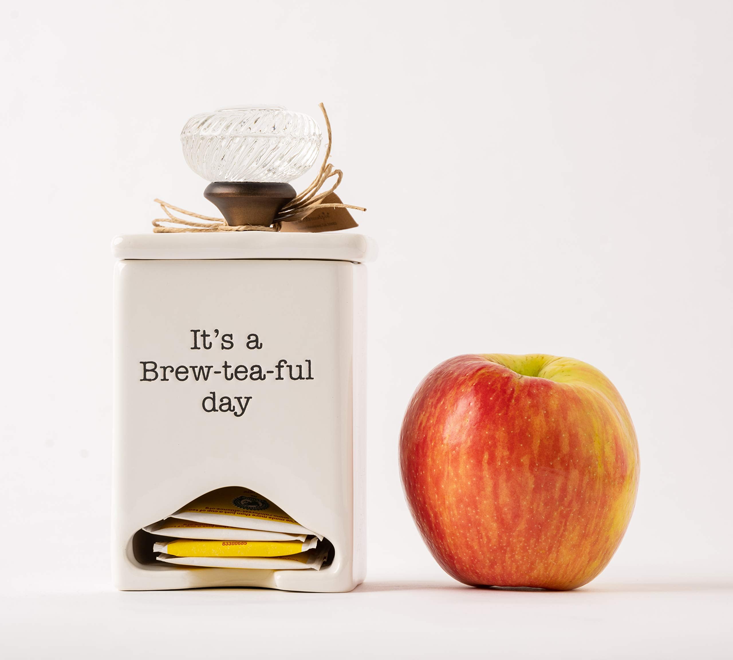 Mud Pie caddy holds teabags up to 3x3 inches for versatility.