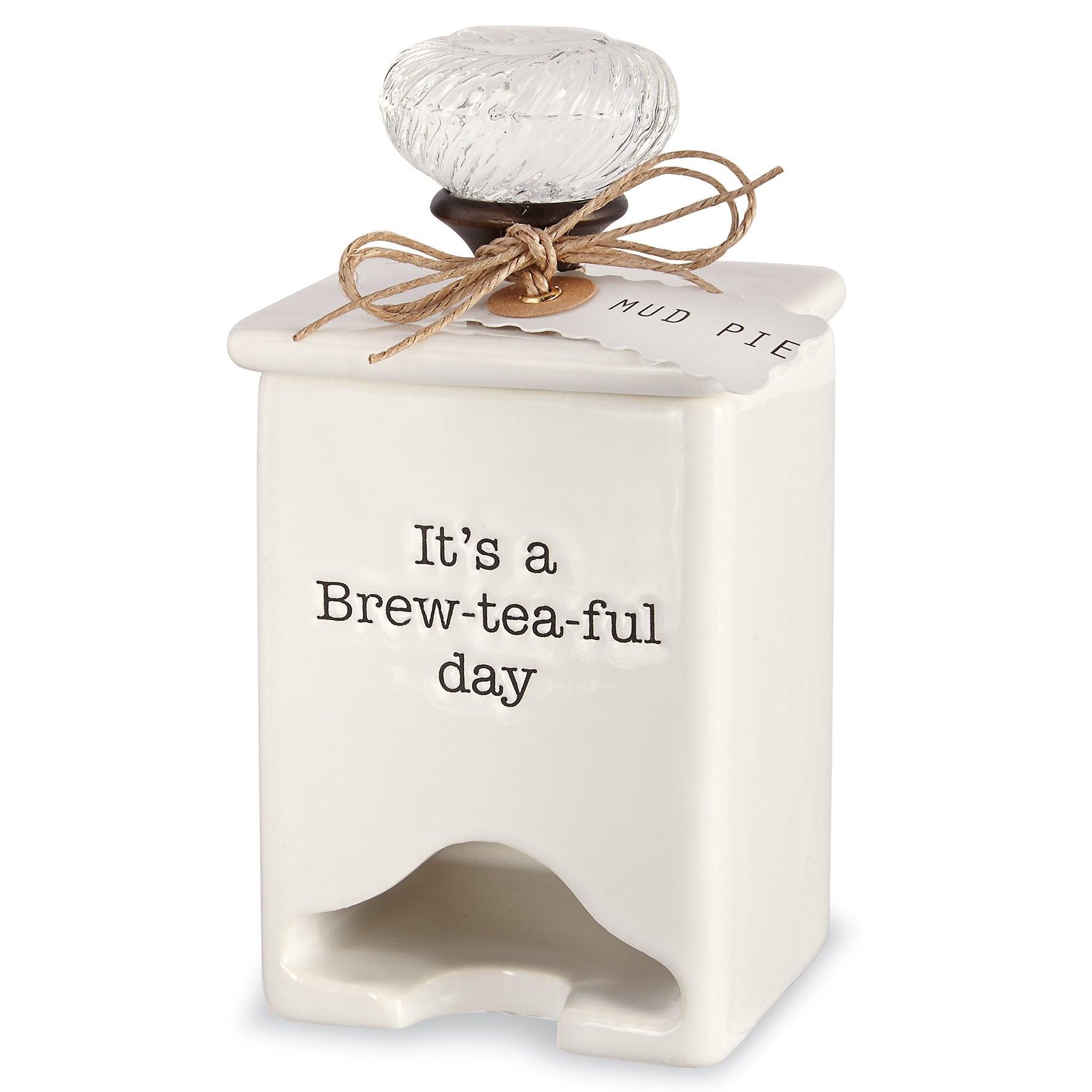 Mud Pie ceramic tea bag caddy with glass knob keeps teabags neatly organized on the counter.