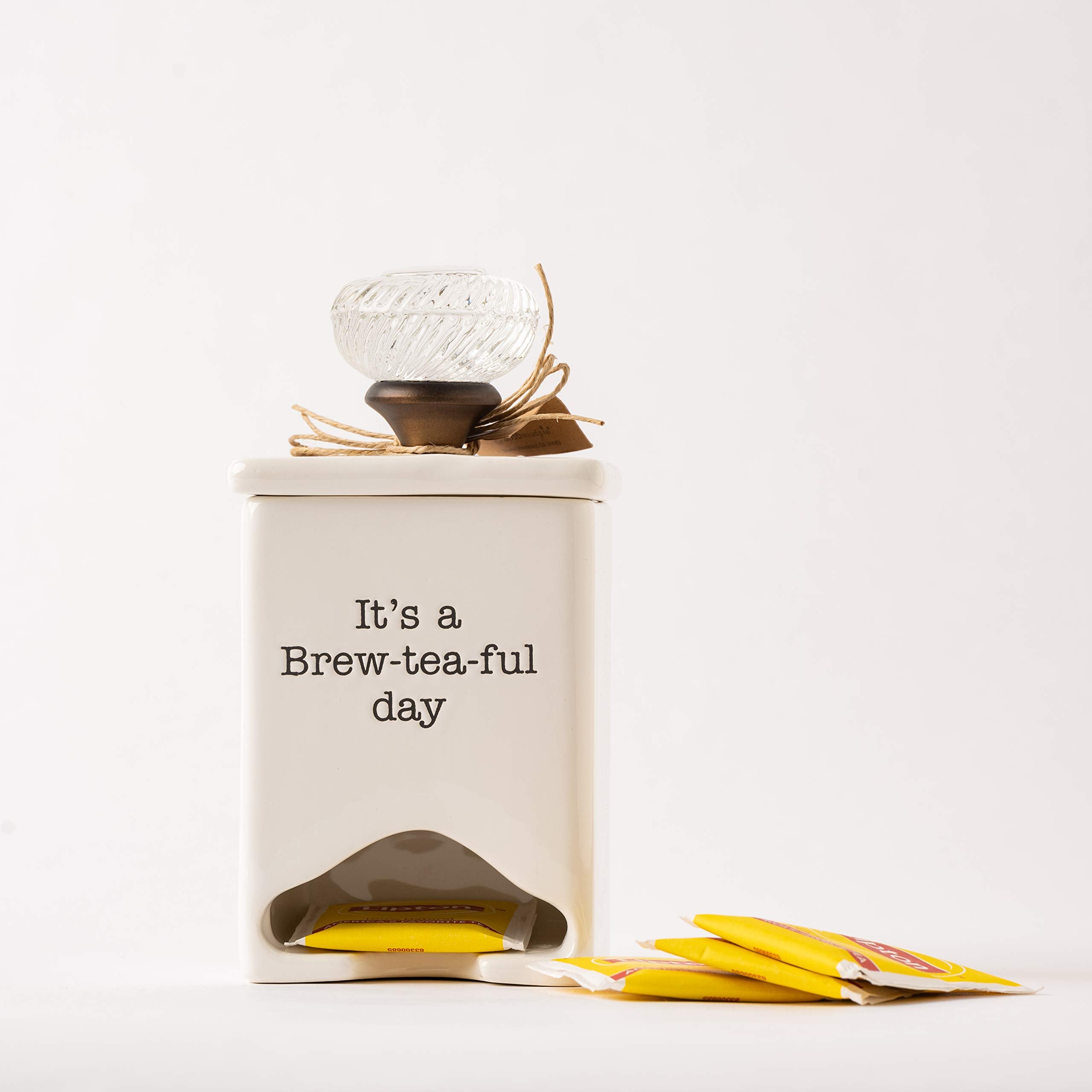 Mud Pie caddy features removable lid with glass knob handle.