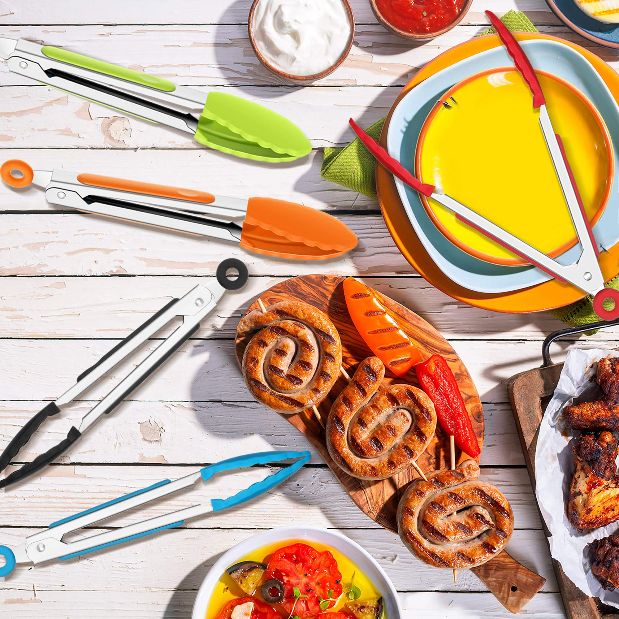 Mudder 5 piece set of mini silicone tongs with space-saving design.