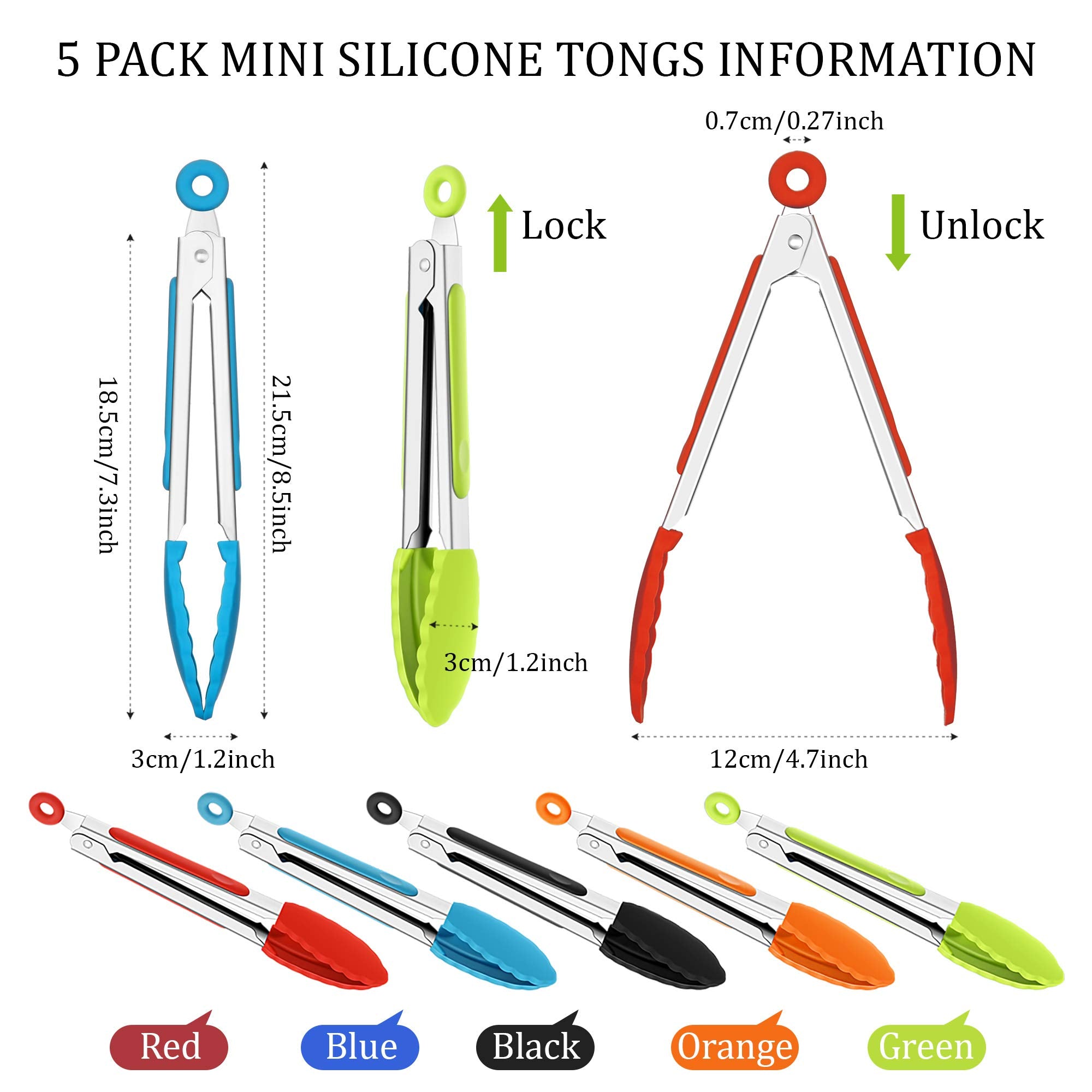 Mudder 7 inch mini silicone tongs with black grip for grilling.