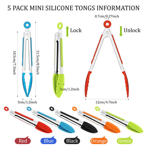 Mudder 7 inch mini silicone tongs with black grip for grilling.
