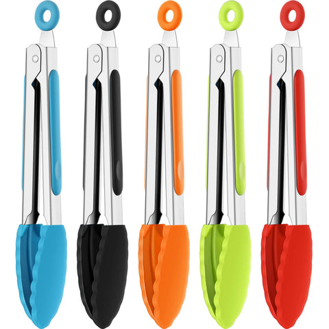 Mudder 7 inch mini silicone tongs with red grip for salad serving.