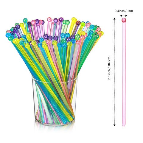 Mudder crystal swizzle sticks with round top, seven inches, ideal for garnishes and stirring.