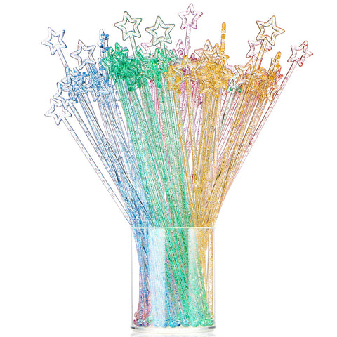 Clear plastic cocktail stirrers with glittery mixed colors for drinks