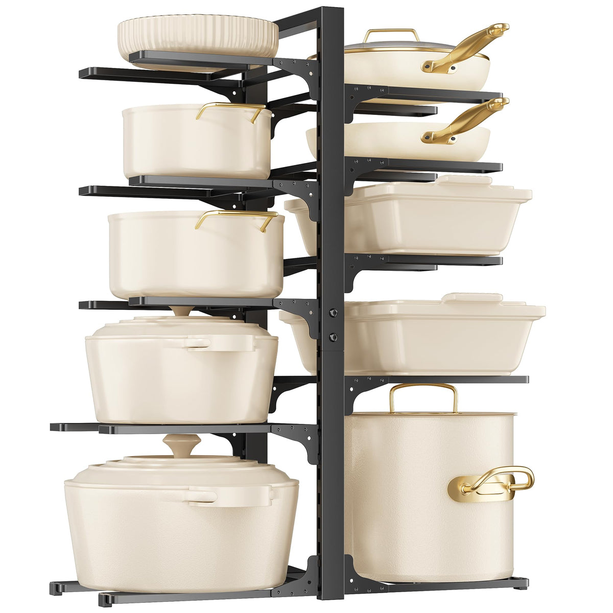 MUDEELA 10-tier pot and pan organizer under cabinet for easy access.