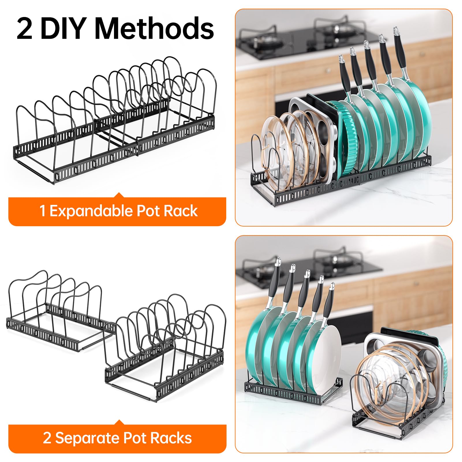 MUDEELA 12-adjustable-dividers enable customized sorting of pots, pans, and lids.