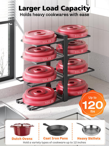 MUDEELA Dutch oven fit demonstrates space-saving storage for heavy pots.