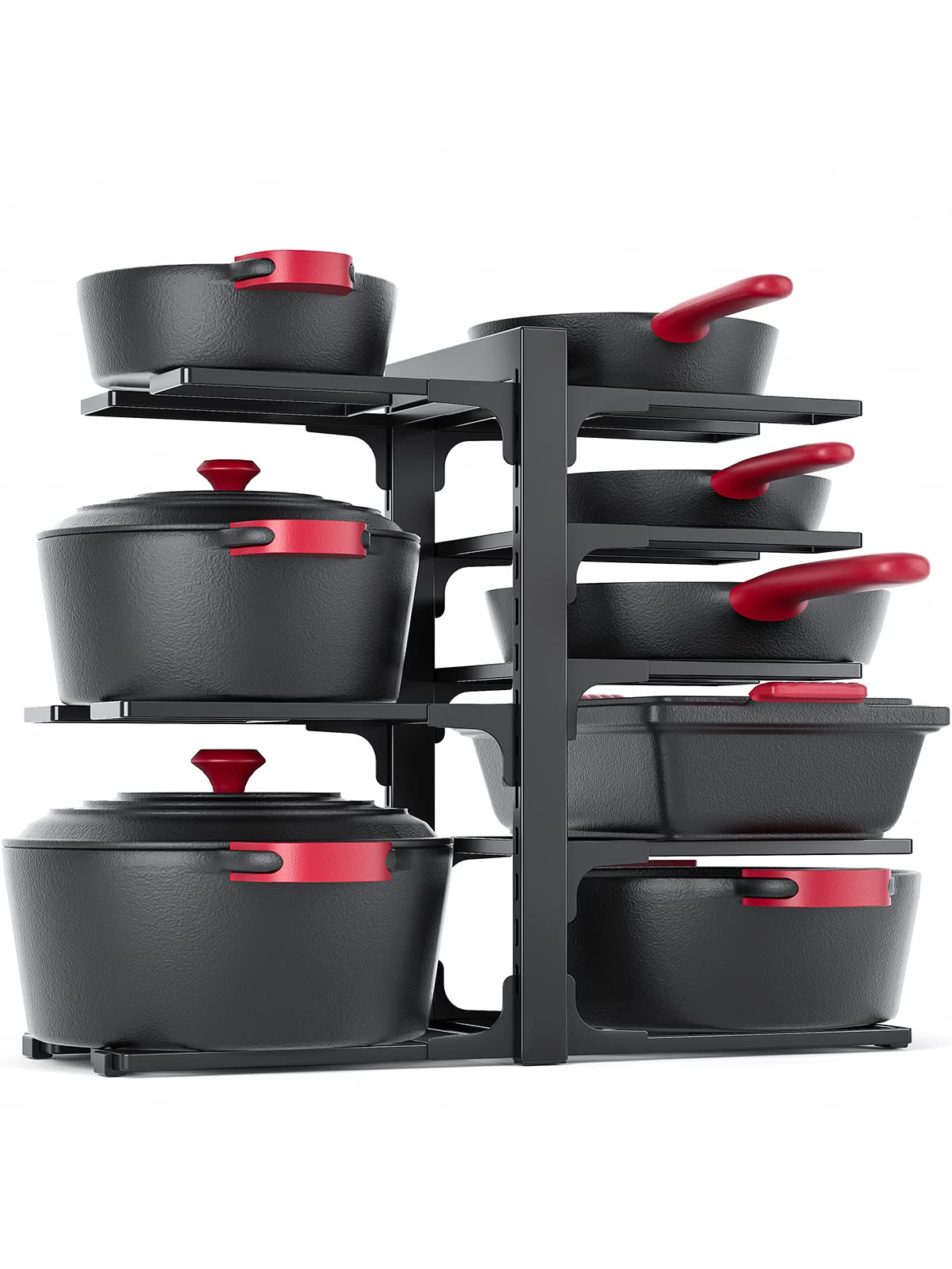 MUDEELA 8-tier under-cabinet pot organizer front view shows sturdy shelves for easy access.