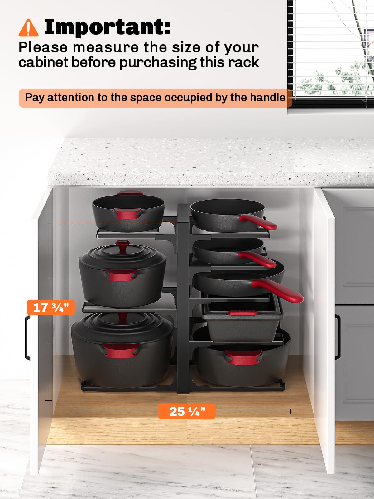 MUDEELA adjustable tiers seen from the side illustrate flexible layout for cookware sizes.