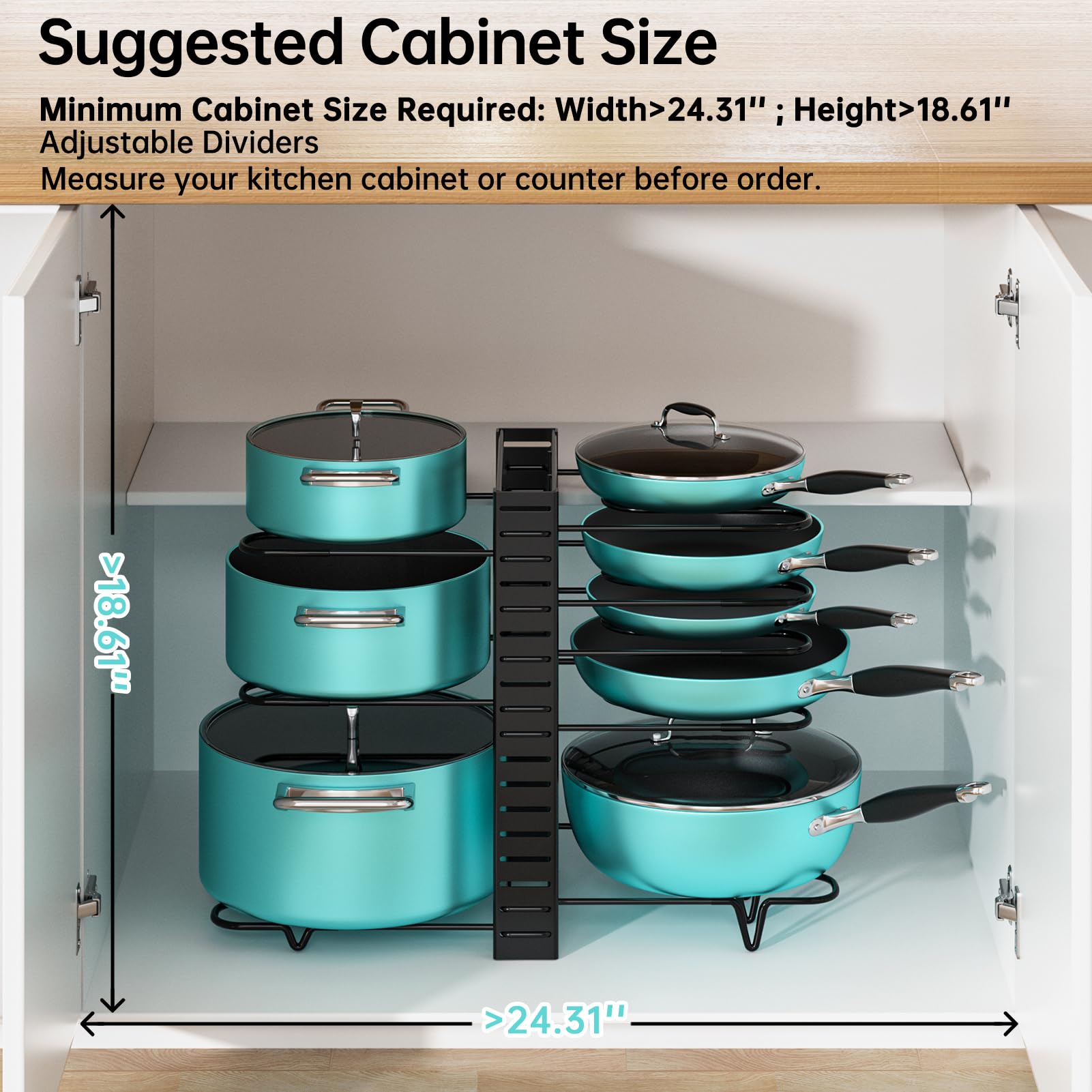 MUDEELA eight-tier rack with adjustable dividers fits various cookware sizes