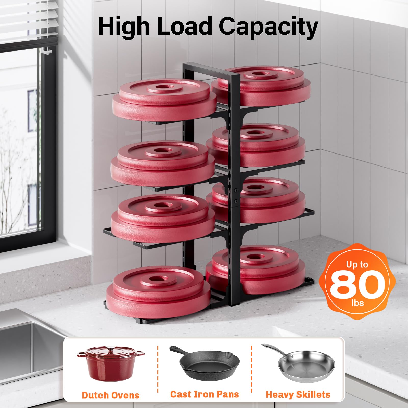 MUDEELA adjustable tier design fits pots up to 12 inches for flexible storage.