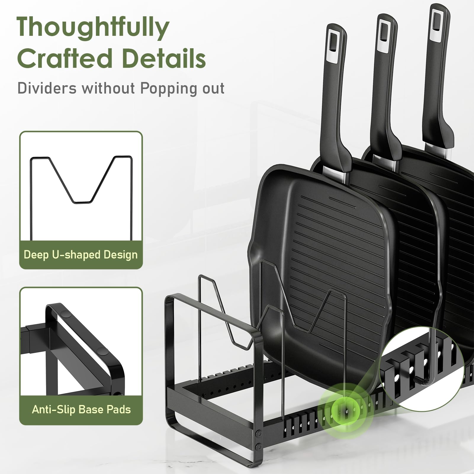 MUDEELA anti-damage strips protect cookware while organizing lids and pans