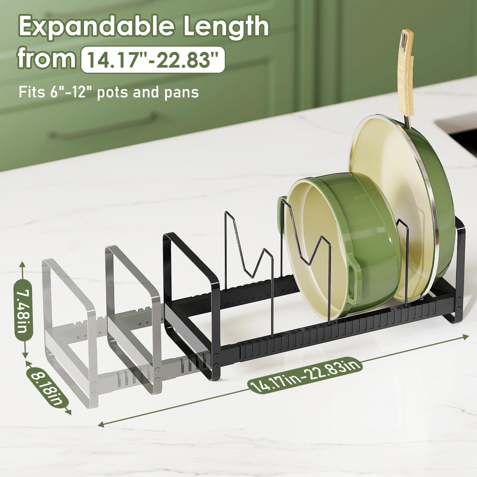 MUDEELA expandable lid organizer in cabinet with adjustable length for cookware