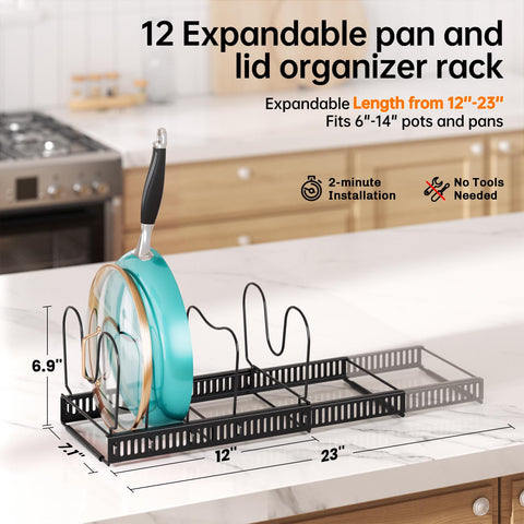 MUDEELA expandable-pots-pans-organizer-22-85-inch demonstrates flexible storage for different cabinet sizes.