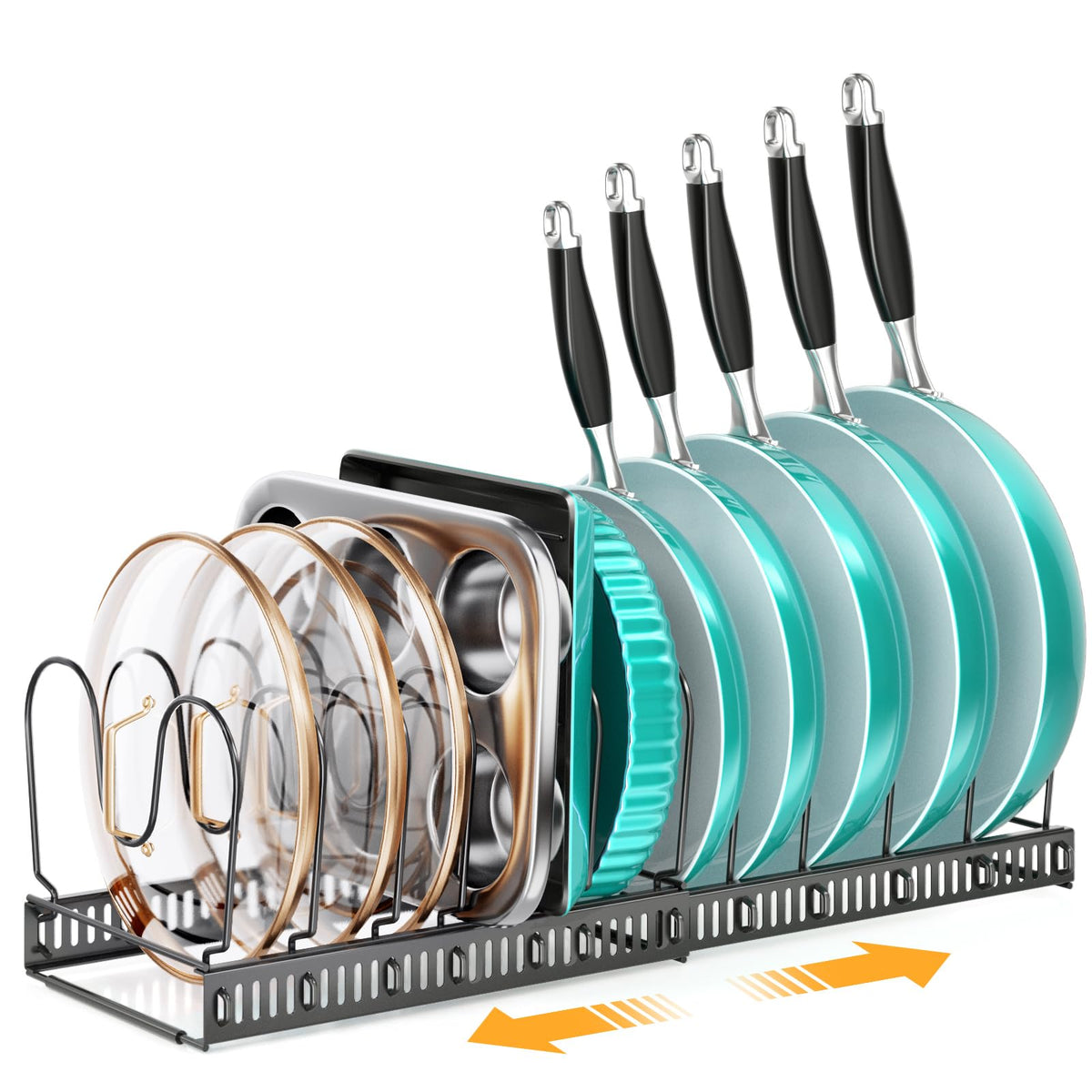 MUDEELA expandable pots-pans organizer under cabinet keeps cookware neatly organized and easy to reach.