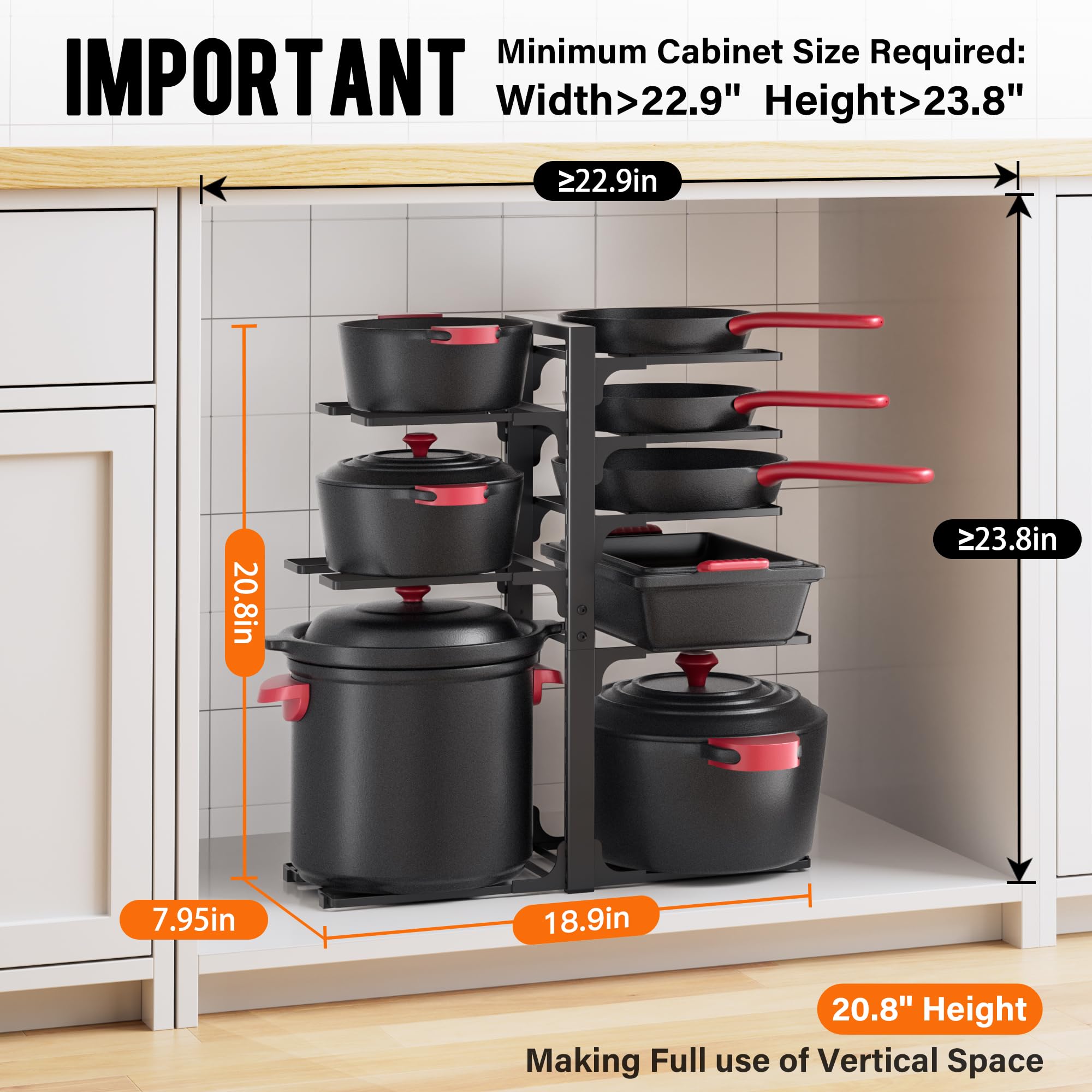 MUDEELA heavy-duty organizer supports cast iron and heavy cookware securely inside the cabinet.