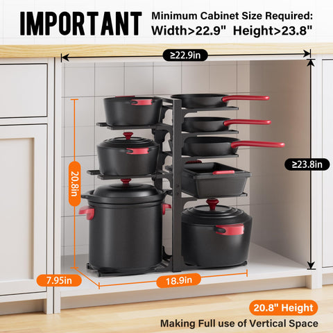 MUDEELA heavy-duty organizer supports cast iron and heavy cookware securely inside the cabinet.