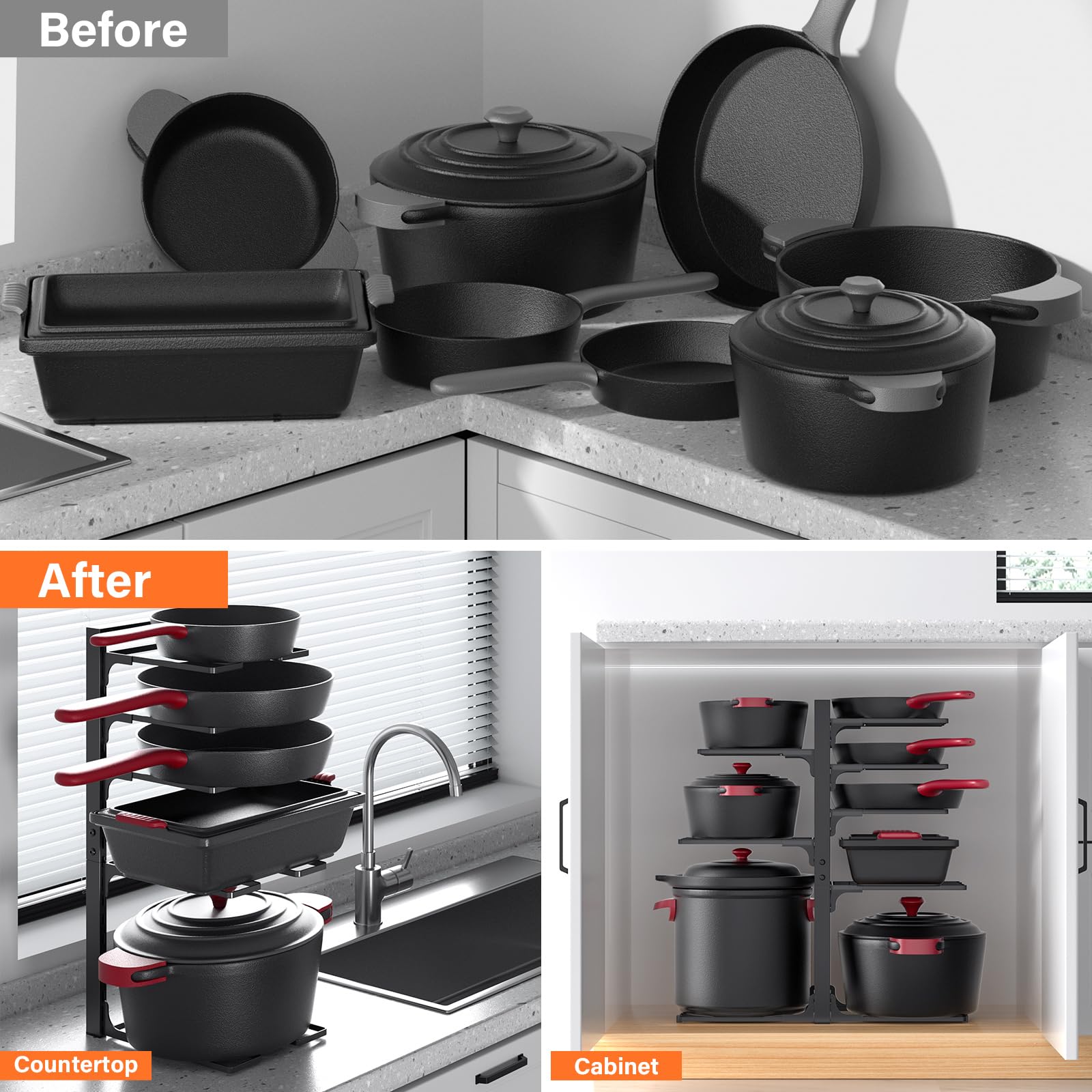 MUDEELA maximizes vertical space to store bulky stockpots and large skillets.