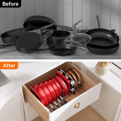 MUDEELA storage solution fits cutting boards and bakeware beside skillets