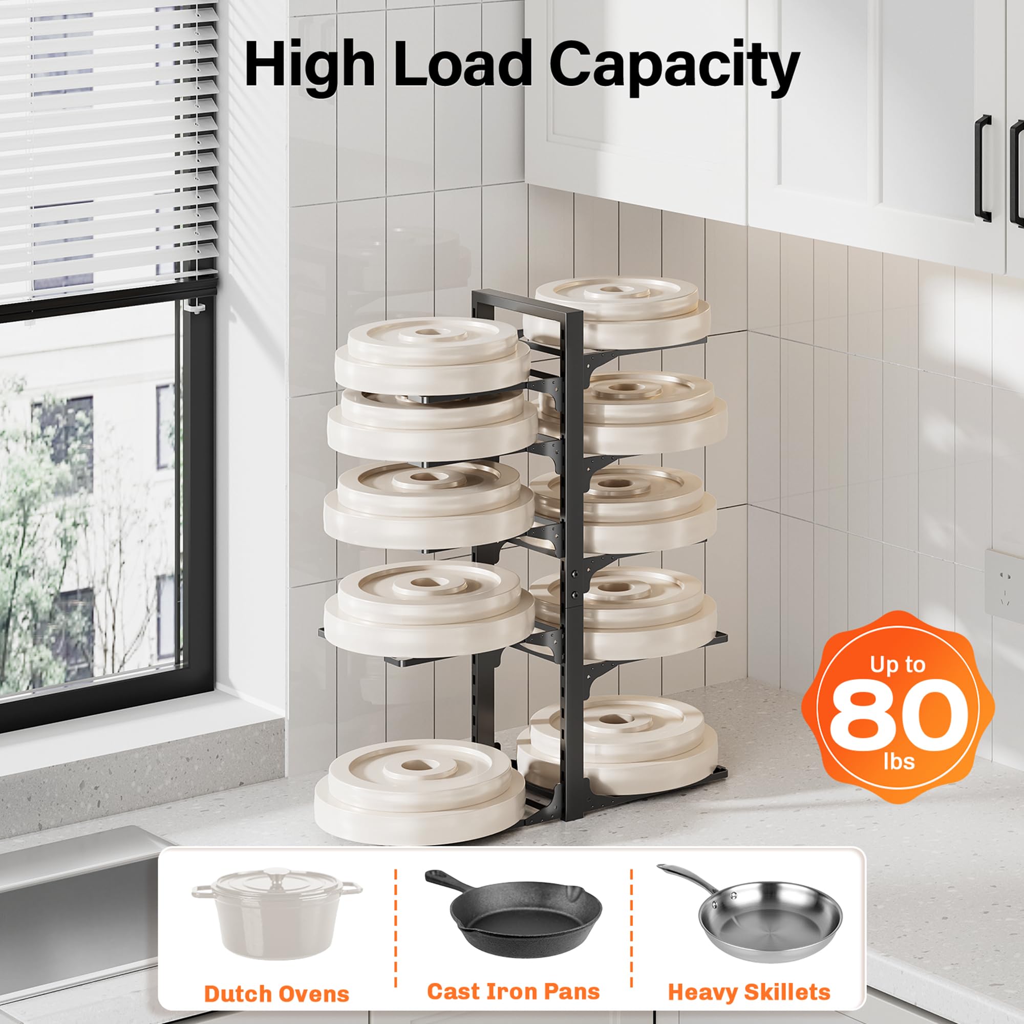 MUDEELA vertical under-cabinet storage frees counter space and tidies cookware.