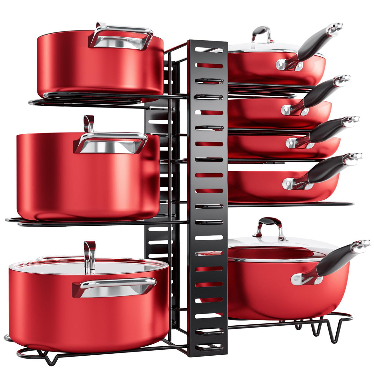 MUDEELA under-cabinet pot organizer showing stacked cookware for quick access