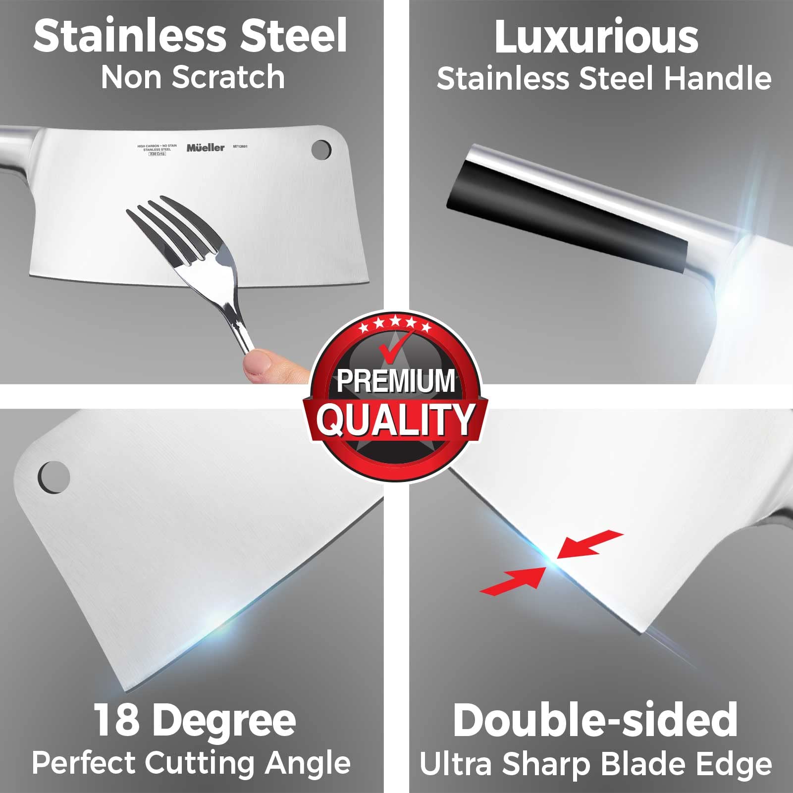 Mueller 7-inch butcher knife cutting bone to demonstrate rugged durability.