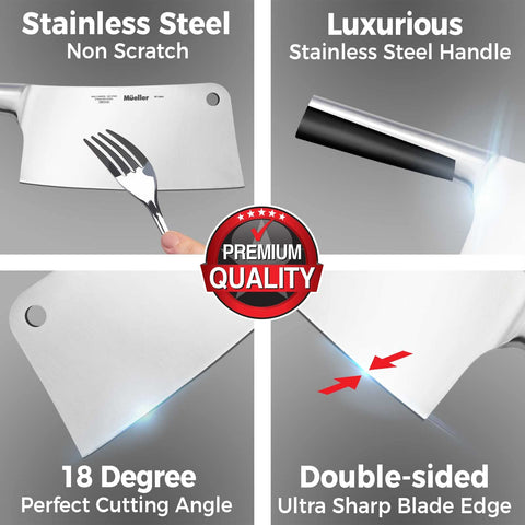Mueller 7-inch butcher knife cutting bone to demonstrate rugged durability.