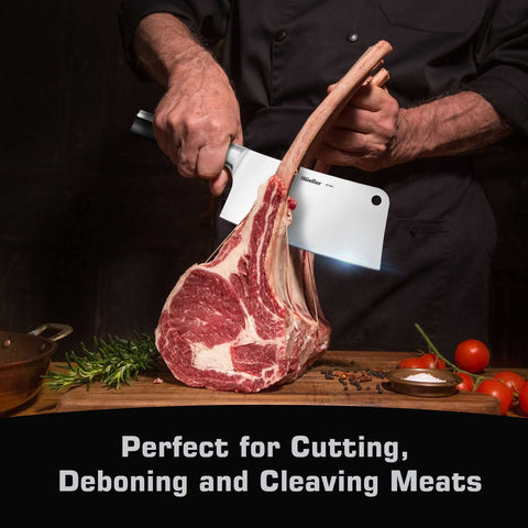Mueller 7-inch butcher knife handle grip illustrating ergonomic design for comfortable use.