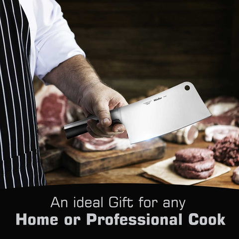 Mueller 7-inch butcher knife in a professional kitchen scenario for heavy meat tasks.