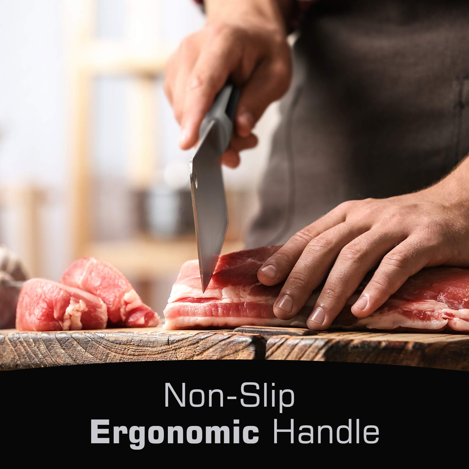 Mueller 7-inch butcher knife safety ergonomic handle promoting secure grip and fatigue reduction.