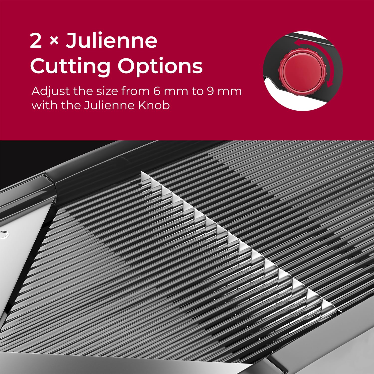 Mueller Austria mandoline julienne feature creates uniform strips.