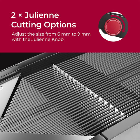Mueller Austria mandoline julienne feature creates uniform strips.
