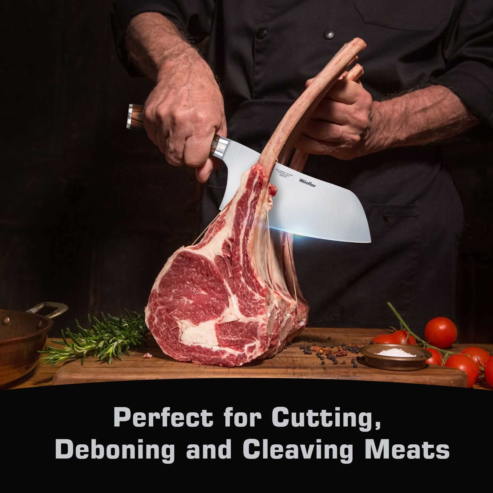 Mueller cleaver handle in pakkawood provides a secure, comfortable grip.