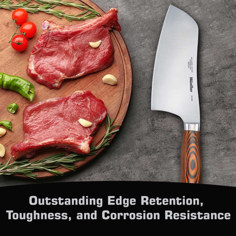 Mueller cleaver in use for versatile chopping and prep tasks.