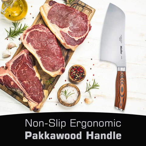 Mueller cleaver tackles meat prep with clean, efficient cuts.