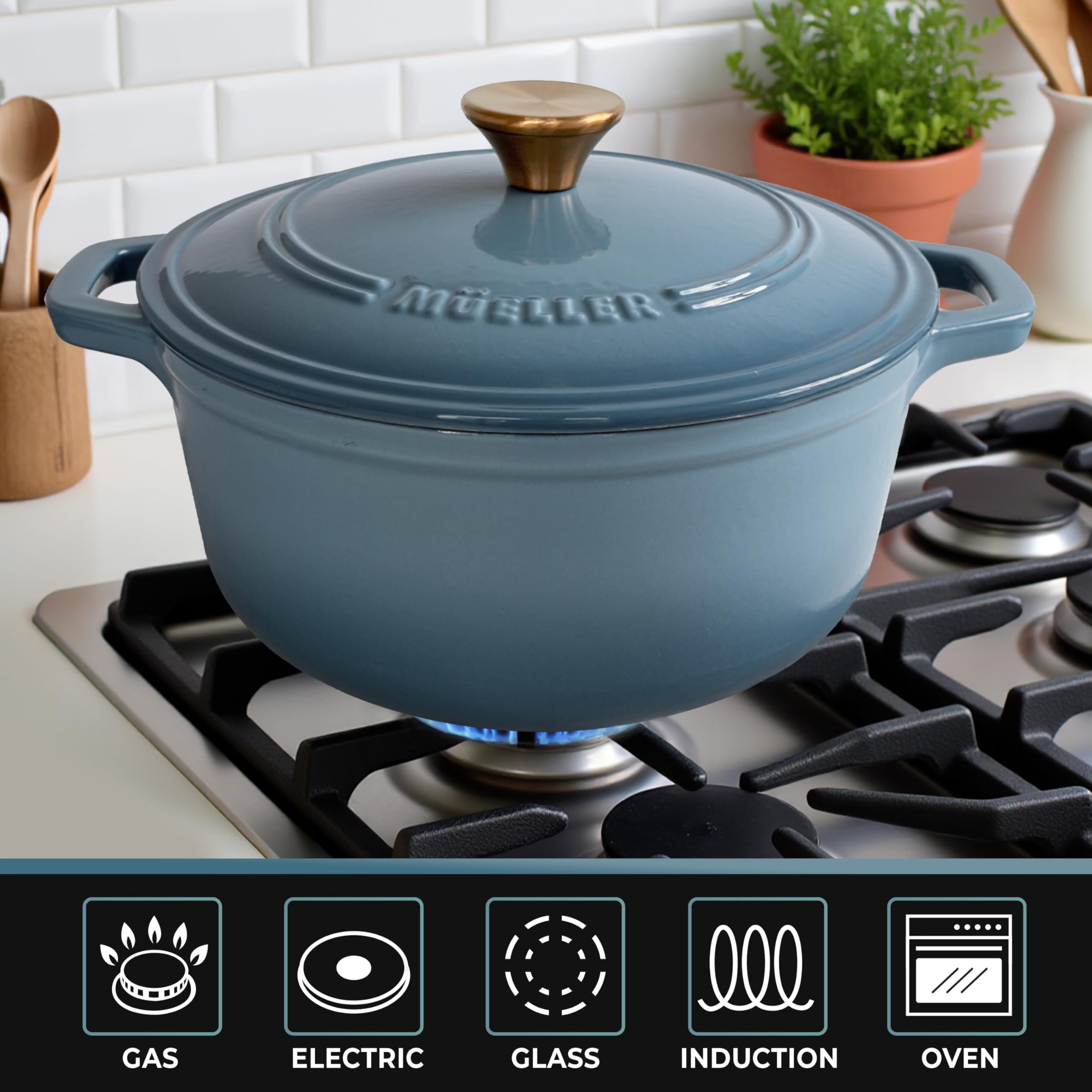 Mueller Home blue lid and knob offer secure handling during cooking.