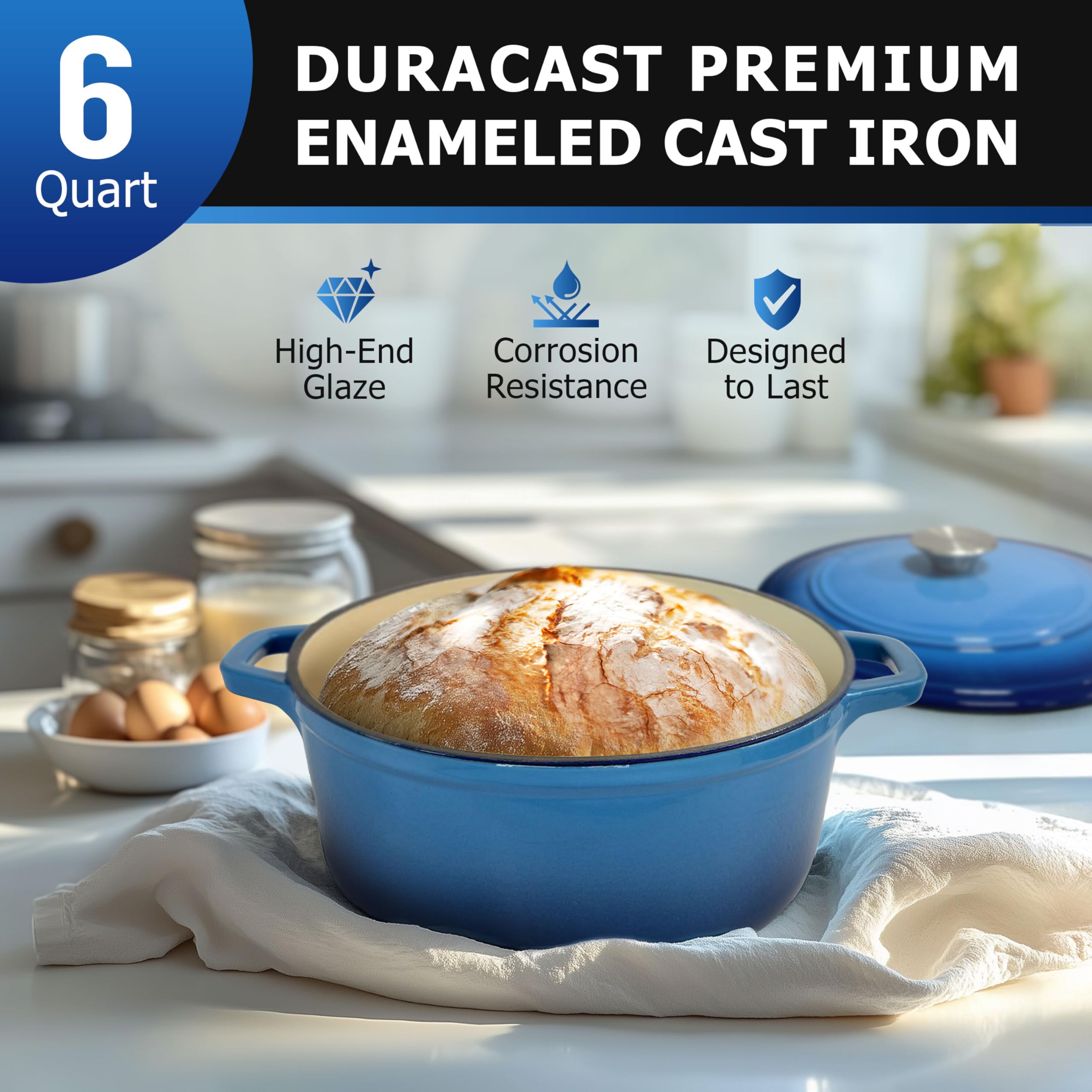 Mueller Home aqua blue enamel interior enables easy release and cleanup.