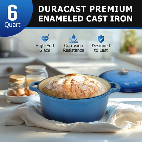 Mueller Home aqua blue enamel interior enables easy release and cleanup.