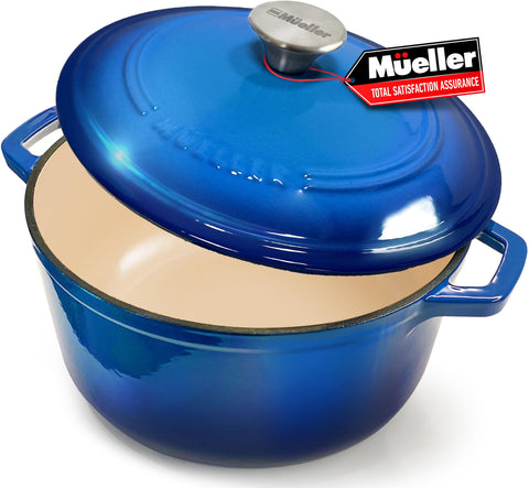 Mueller Home 7.5 qt enameled cast iron Dutch oven with lid, ideal for searing and braising.