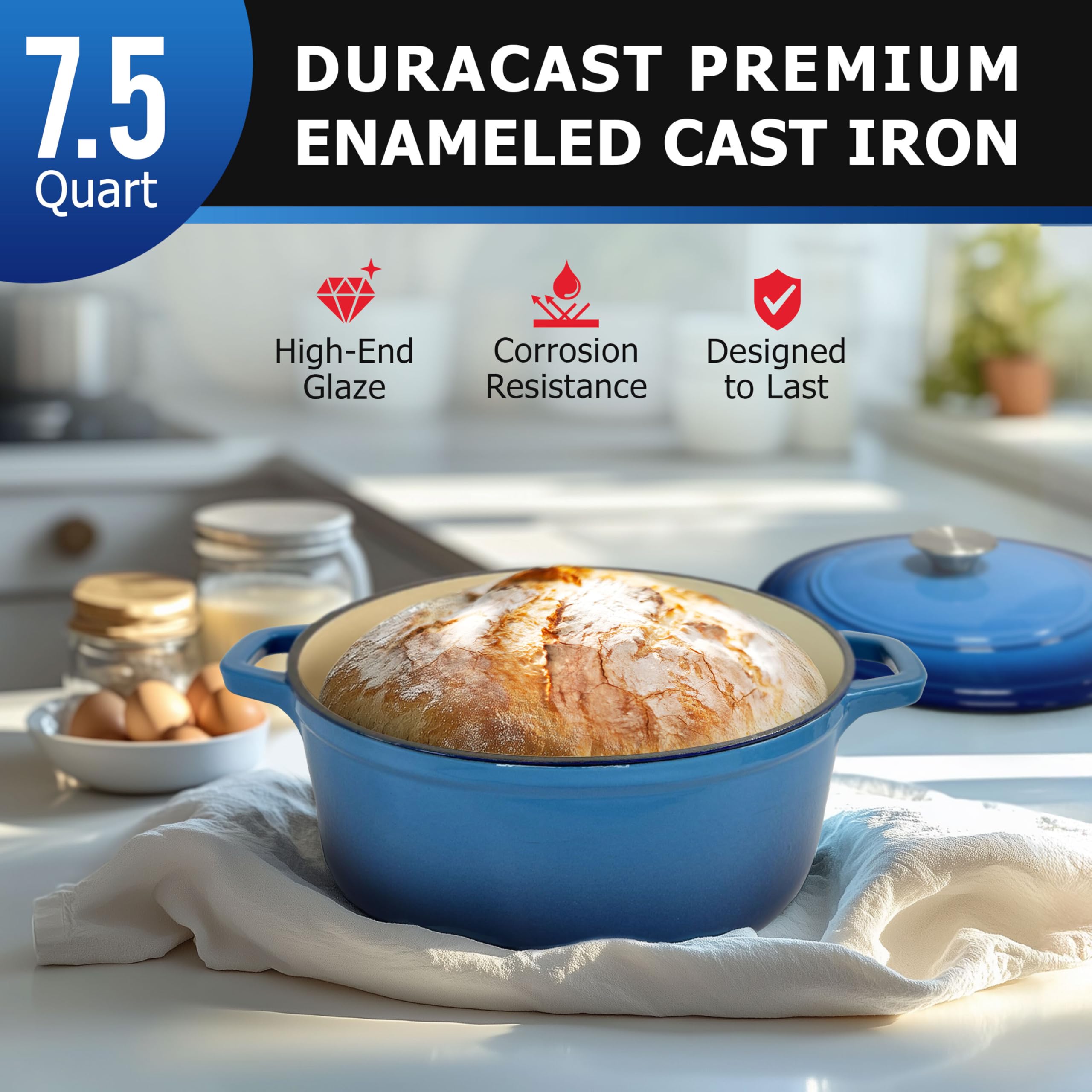 Mueller Home aqua blue finish Dutch oven offers even heat for slow cooking.